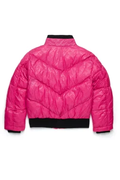 Jackets And Padded Jackets>DIESEL Bomber down jacket with allover print and patches bright fuxya