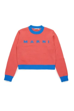 Knitwear | Logomania>MARNI Colorblock wool-cashmere blend crew-neck sweater begonia pink