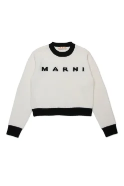 Knitwear | Logomania>MARNI Colorblock wool-cashmere blend crew-neck sweater natural white