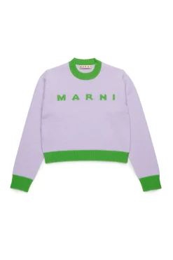 Knitwear | Logomania>MARNI Colorblock wool-cashmere blend crew-neck sweater camellia rose