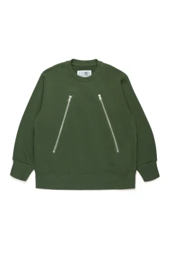 Sweatshirts | Sweatshirts>MM6 MAISON MARGIELA Crew-neck sweatshirt with diagonal zip dark olive green