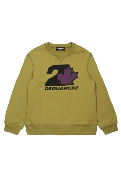Sweatshirts | Sweatshirts>DSQUARED2 Crew-neck sweatshirt with Maple Leaf print moss green