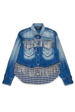 Shirts | Denim-Mania>DSQUARED2 Crystal fringed denim shirt blue denim