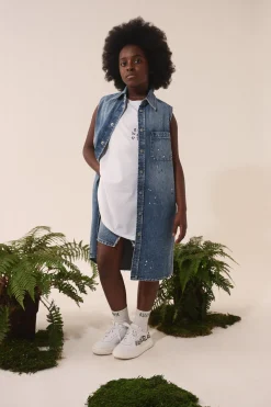 Dresses | Denim-Mania>MM6 MAISON MARGIELA Denim maxi shirt dress with color spots blue denim