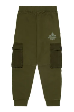 Pants>DSQUARED2 Fleece cargo pants with Maple Leaf dark olive green