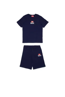Jumpsuits | Tracksuits>DIESEL Jersey t-shirt and bermuda shorts set with logo D blue peacoat
