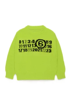 Knitwear | Logomania>MM6 MAISON MARGIELA Knit pullover with branded Numeric logo fluo green