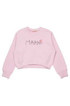 Sweatshirts>MARNI Flower branded crew-neck cropped sweatshirt light pink