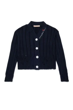 Knitwear>MARNI Ribbed cardigan with rips blue navy
