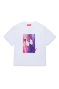 T-Shirts>DIESEL T-shirt with butterfly graphics and rhinestones white