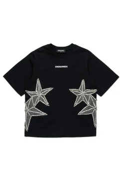 T-Shirts>DSQUARED2 T-shirt with mesh and crystals stars black