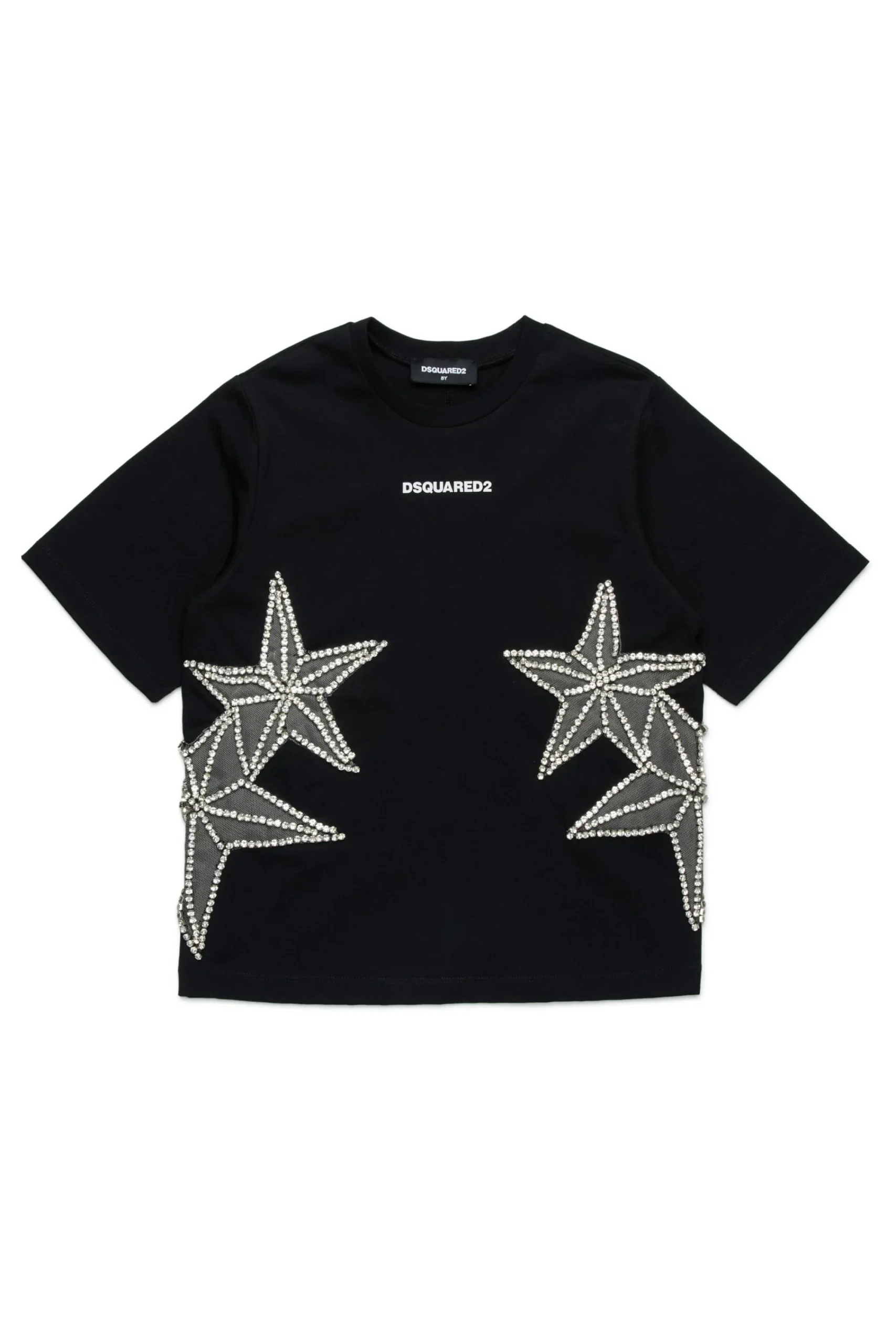 T-Shirts>DSQUARED2 T-shirt with mesh and crystals stars black