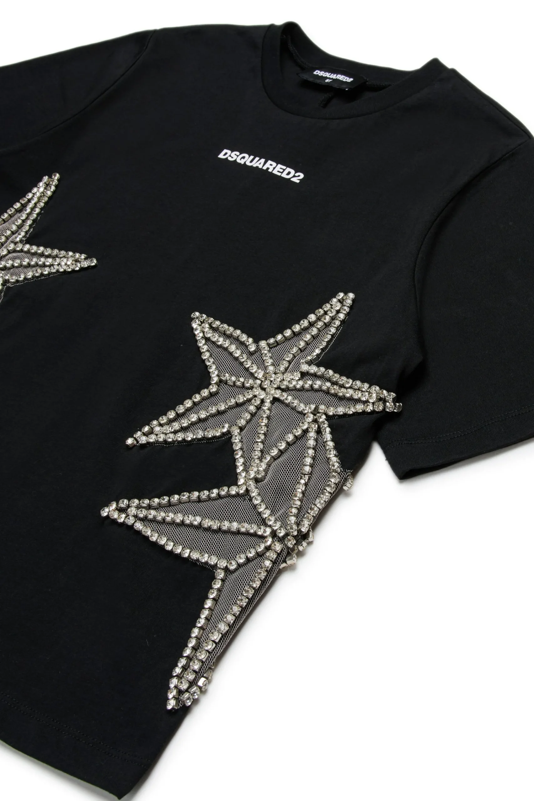 T-Shirts>DSQUARED2 T-shirt with mesh and crystals stars black