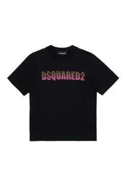 T-Shirts | Logomania>DSQUARED2 T-shirt with striped and shaded logo black