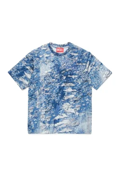 T-Shirts>DIESEL T-shirt with torn denim effect print blue denim
