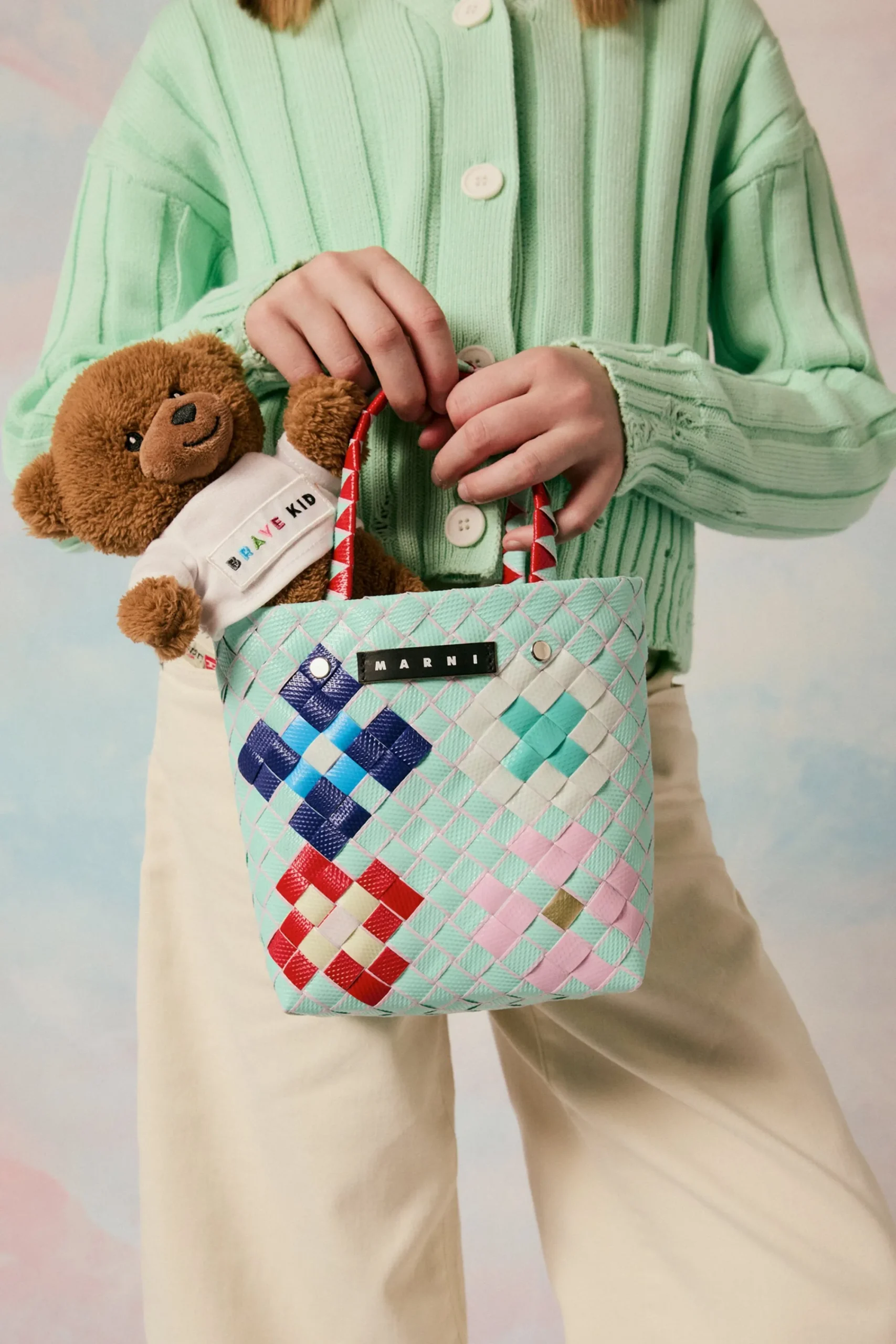 Bags And Backpacks>MARNI Woven Blossom Macro bag light bluette